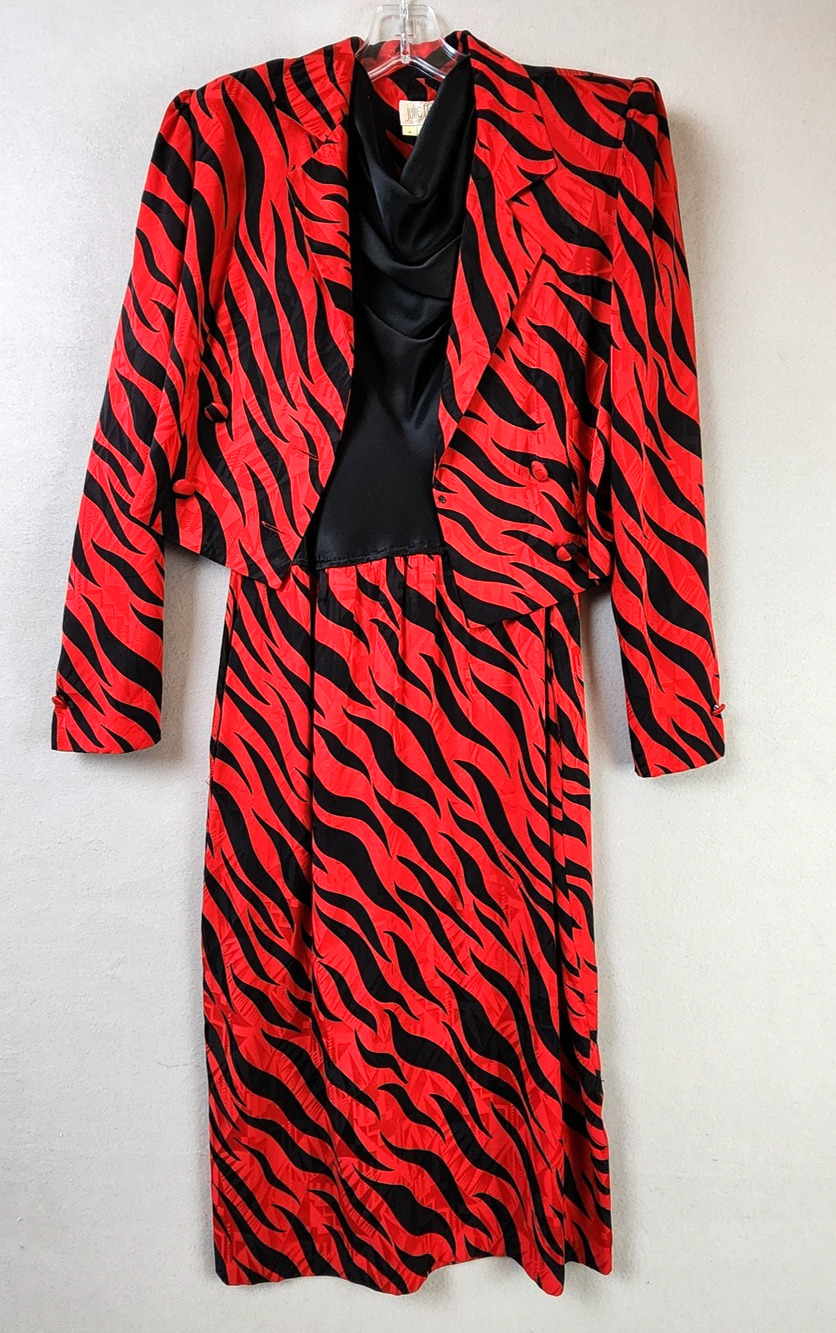 Julie Francis Jacquard Cropped Jacket & Matching Sleeveless Dress Sz 6 Silk Red